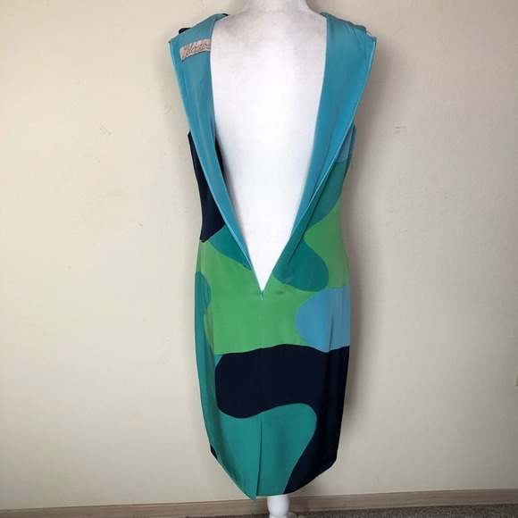 Lela Rose Silk Dress Size 10 Sleeveless Sheath Blue Green Abstract Cocktail - Picture 3 of 16